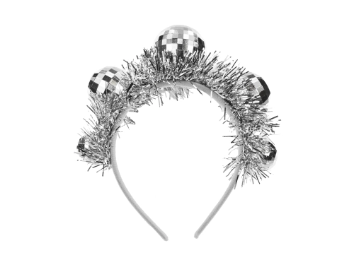 Srebrni trak za lase z disko kroglami 17,5 cm – zabavni dodatek za zabave