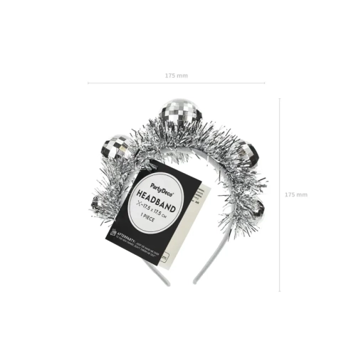Srebrni trak za lase z disko kroglami 17,5 cm – zabavni dodatek za zabave
