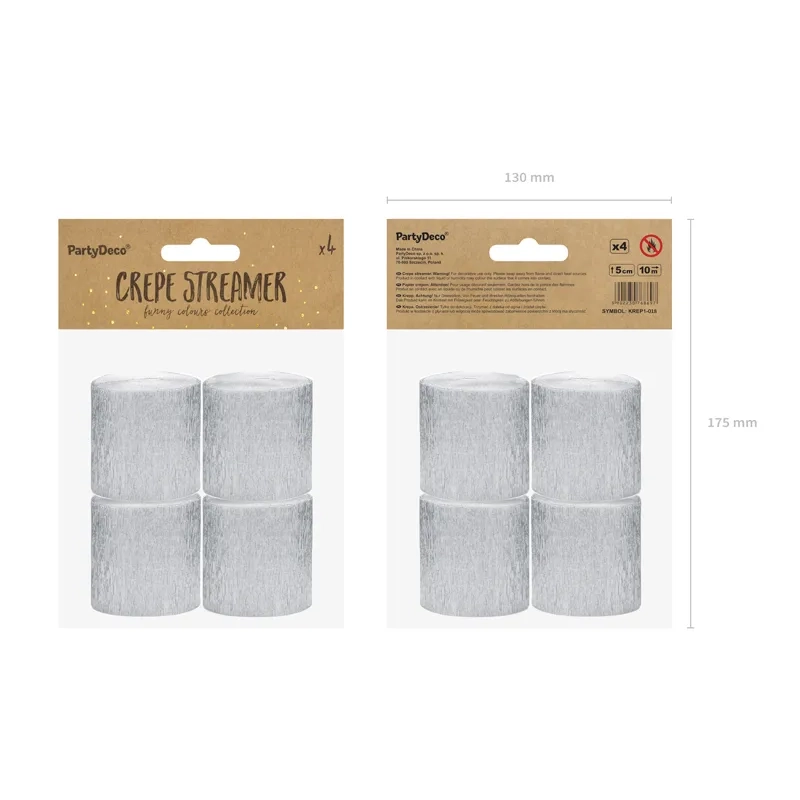 Srebrni krep trak za okrasitev, 5 cm x 10 m, 4 kosi