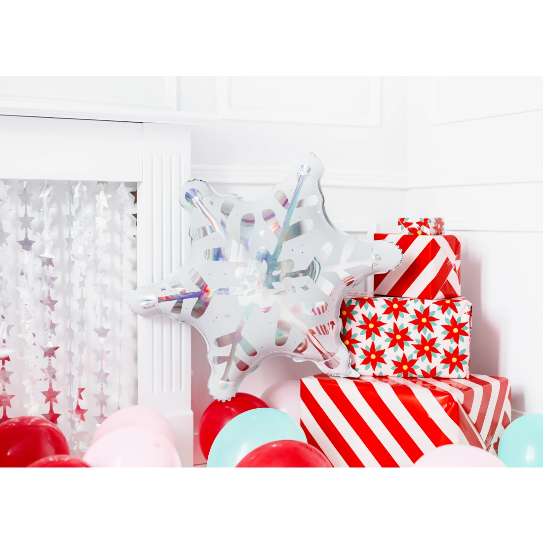 Srebrna party zavesa z folije z zvezdami, 100 x 245 cm