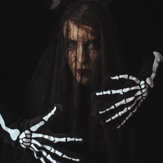 Svietiace rukavice kostra, čierne, veľkosť S/M, 39,5 cm