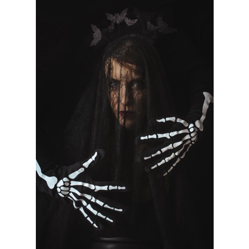 Világító csontvázas kesztyű, fekete, S/M méret, 39,5 cm