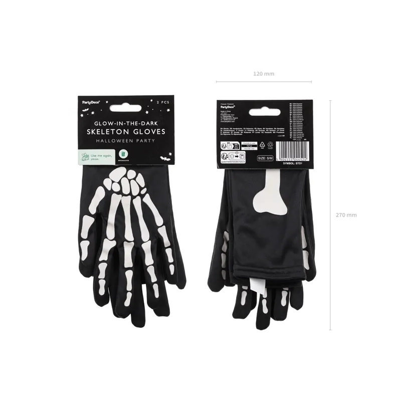 Világító csontvázas kesztyű, fekete, S/M méret, 39,5 cm
