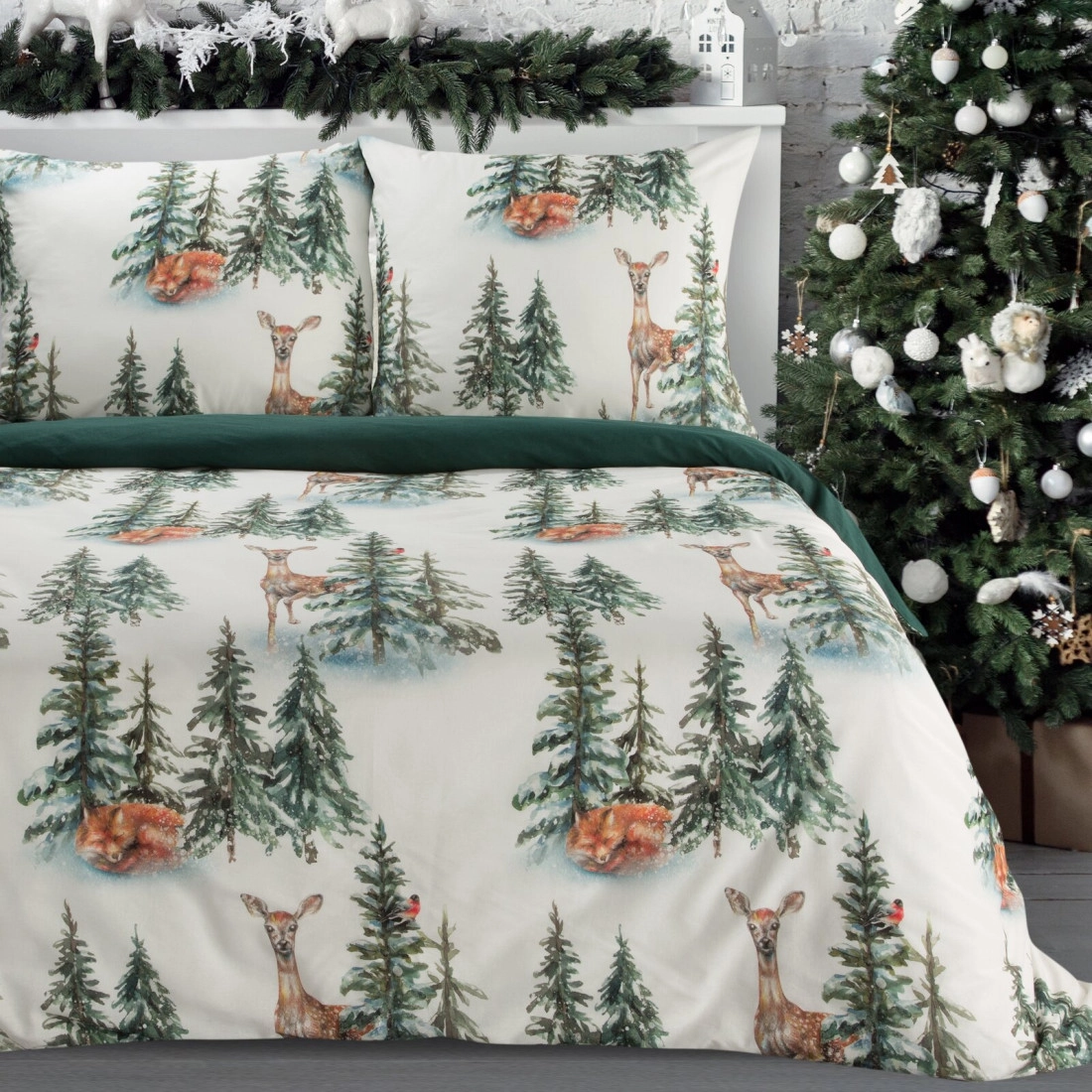 Vianočné obliečky 140x200 cm bavlnené renforcé, biele a zelené