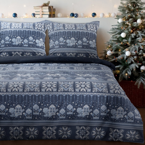 Vianočné obliečky 160x200 cm bavlnené flanelové, tmavomodré a biele