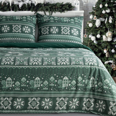 Vianočné obliečky 160x200 cm bavlnené renforcé, tmavozelené a biele