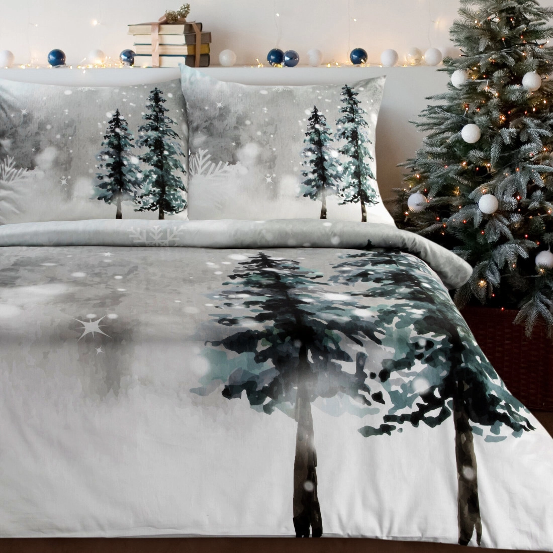 Vianočné obliečky 160x200 cm saténová bavlna, jasnosivé a biele