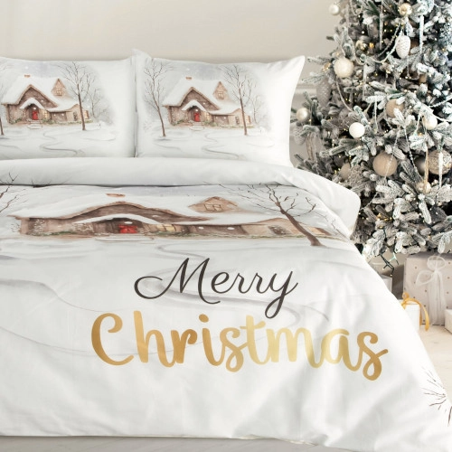Vianočné obliečky 160x200 cm saténové bavlnené, biele a svetlohnedé