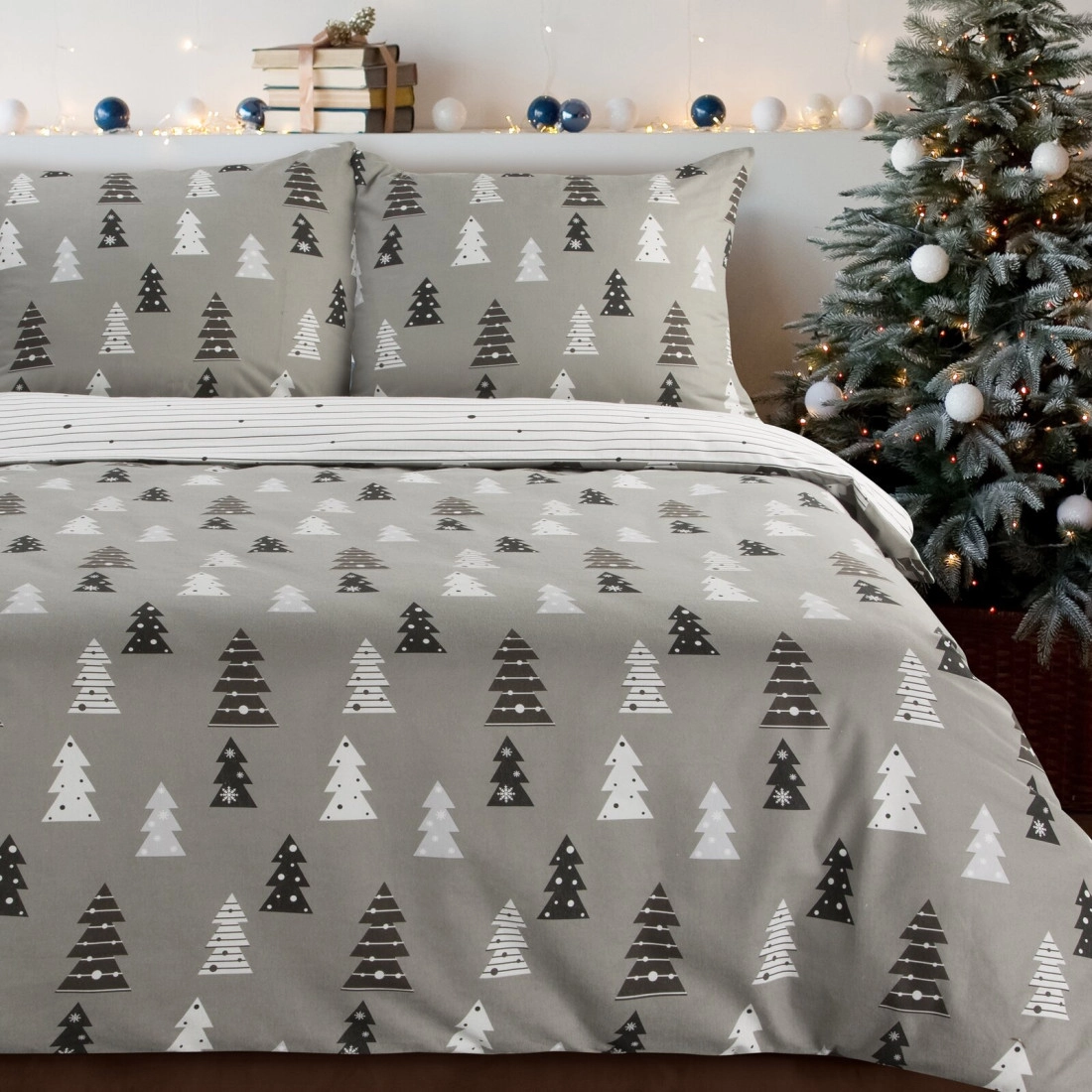 Vianočné obliečky 220x200 cm bavlnené flanelové, sivé a biele