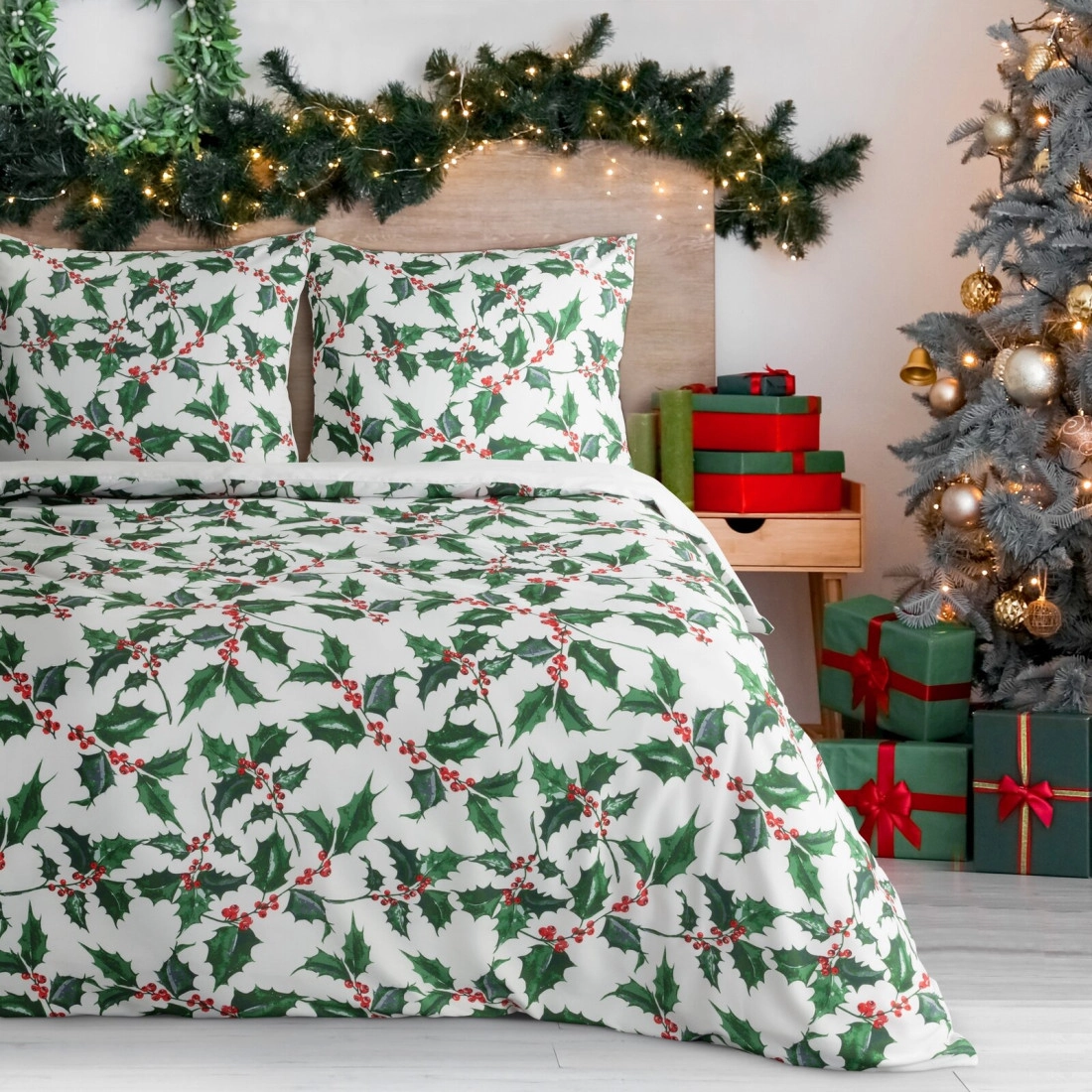 Vianočné obliečky 220x200 cm mikrovláknové, biele a zelené
