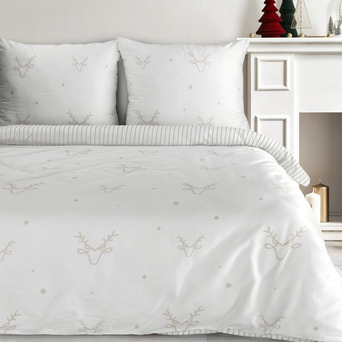 Vianočné obliečky 220x200 cm saténová bavlna, biele a béžové