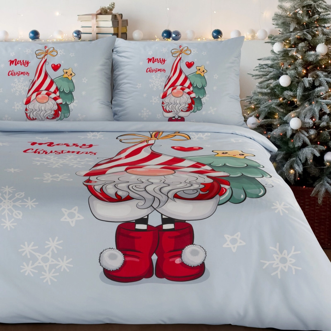 Vianočné obliečky Merry Christmas 220x200 cm mikrovláknové, svetlosivé a modré