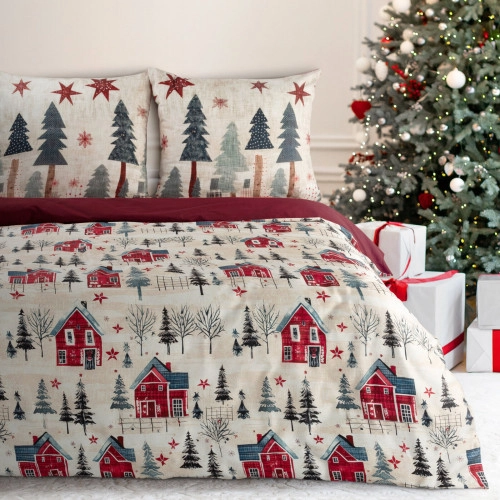 Vianočné obliečky Zimné mestečko 140x200 cm saténové, obojstranné červené a krémové