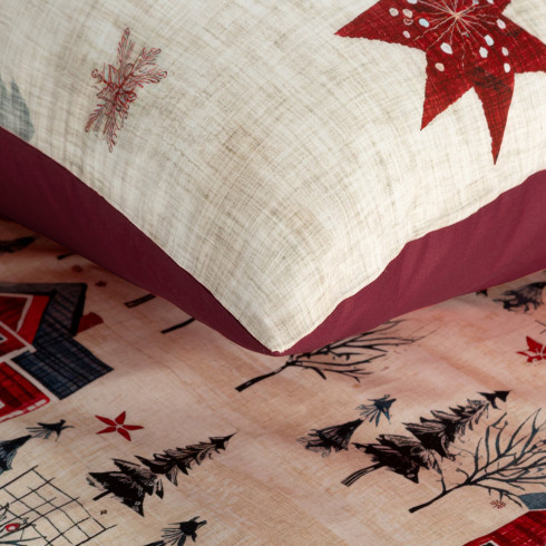 Vianočné obliečky Zimné mestečko 140x200 cm saténové, obojstranné červené a krémové