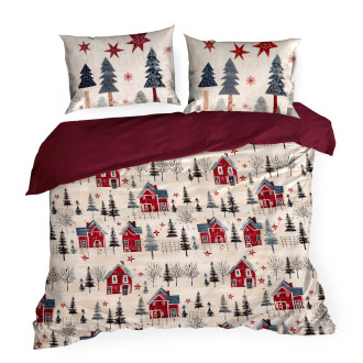 Vianočné obliečky Zimné mestečko 220x200 cm saténové, červené a krémové