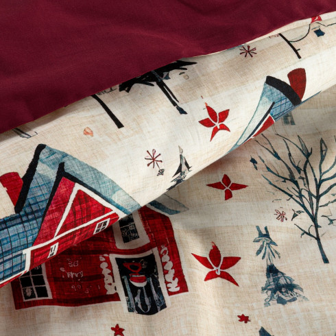 Vianočné obliečky Zimné mestečko 220x200 cm saténové, červené a krémové