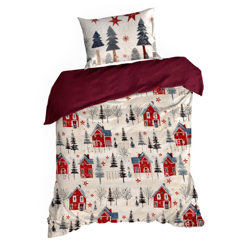 Vianočné obliečky Zimné mestečko 220x200 cm saténové, červené a krémové