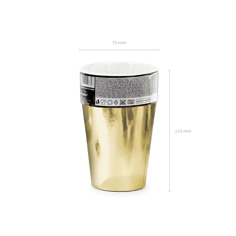 Zlati papirnati kozarci 220 ml – 6 kosov, bleščeč kovinski dizajn