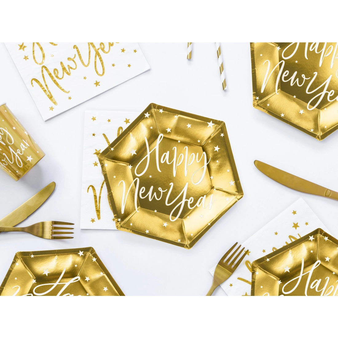Zlati papirnati krožniki Happy New Year 20 cm – 6 kos