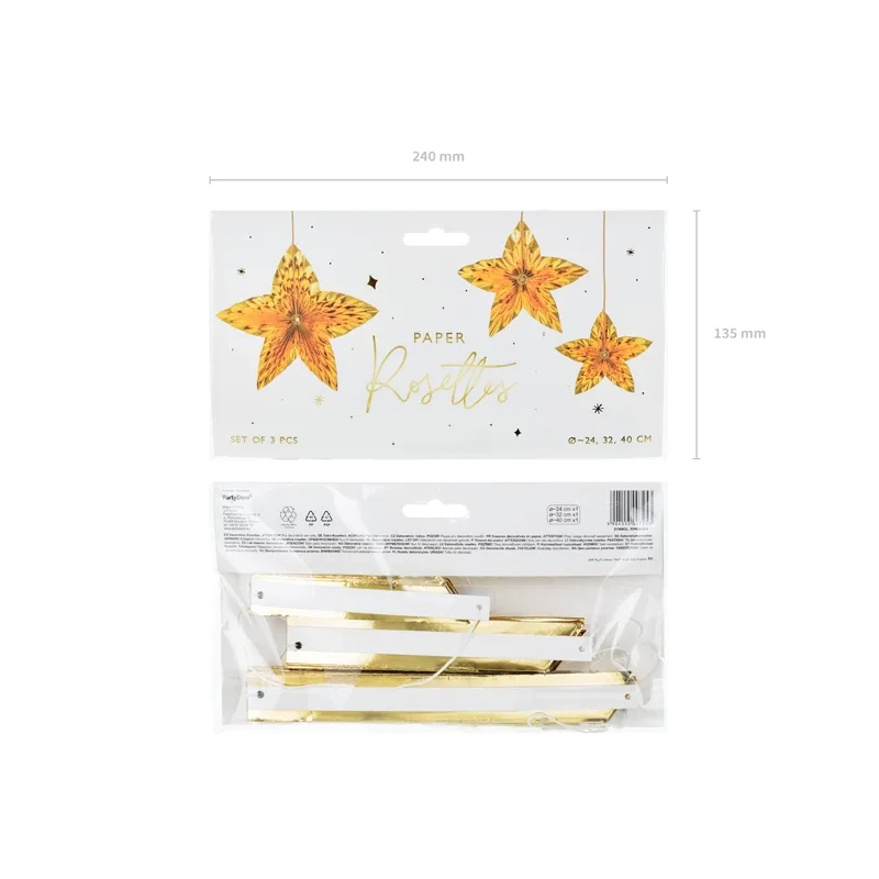Zlate viseče zvezde za dekoracijo, 3 kosi, 24–40 cm