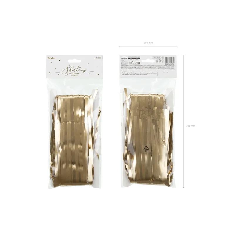 Zlat obrobljen satenski prt s cofki 300 x 80 cm