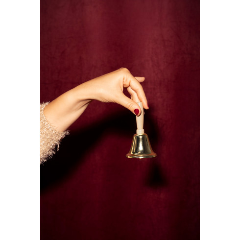 Zlatý vianočný zvonček Santa Claus s drevenou rúčkou 11 cm