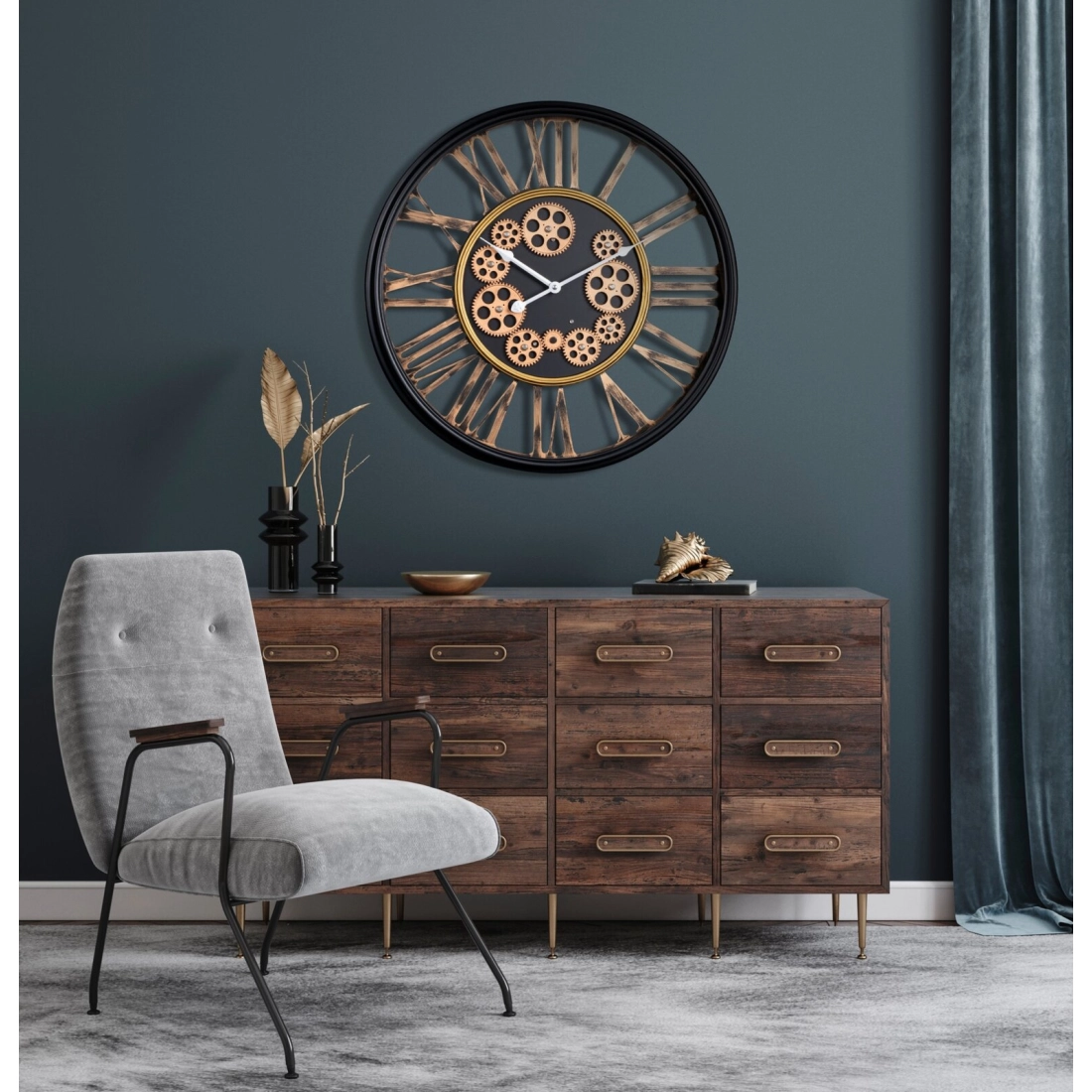 Dekoratívne vintage nástenné hodiny s pohyblivými prevodmi 54 cm