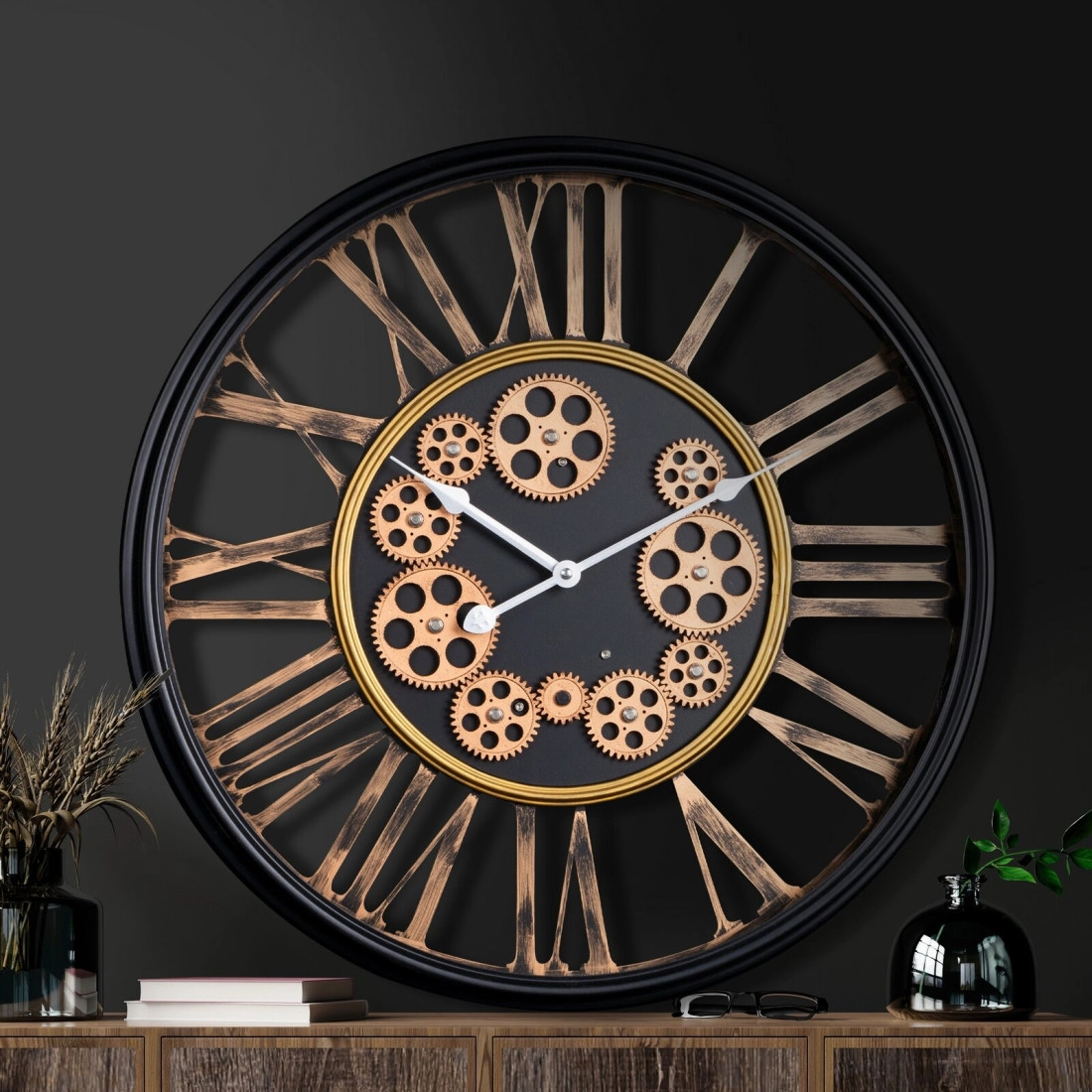 Dekoratívne vintage nástenné hodiny s pohyblivými prevodmi 54 cm