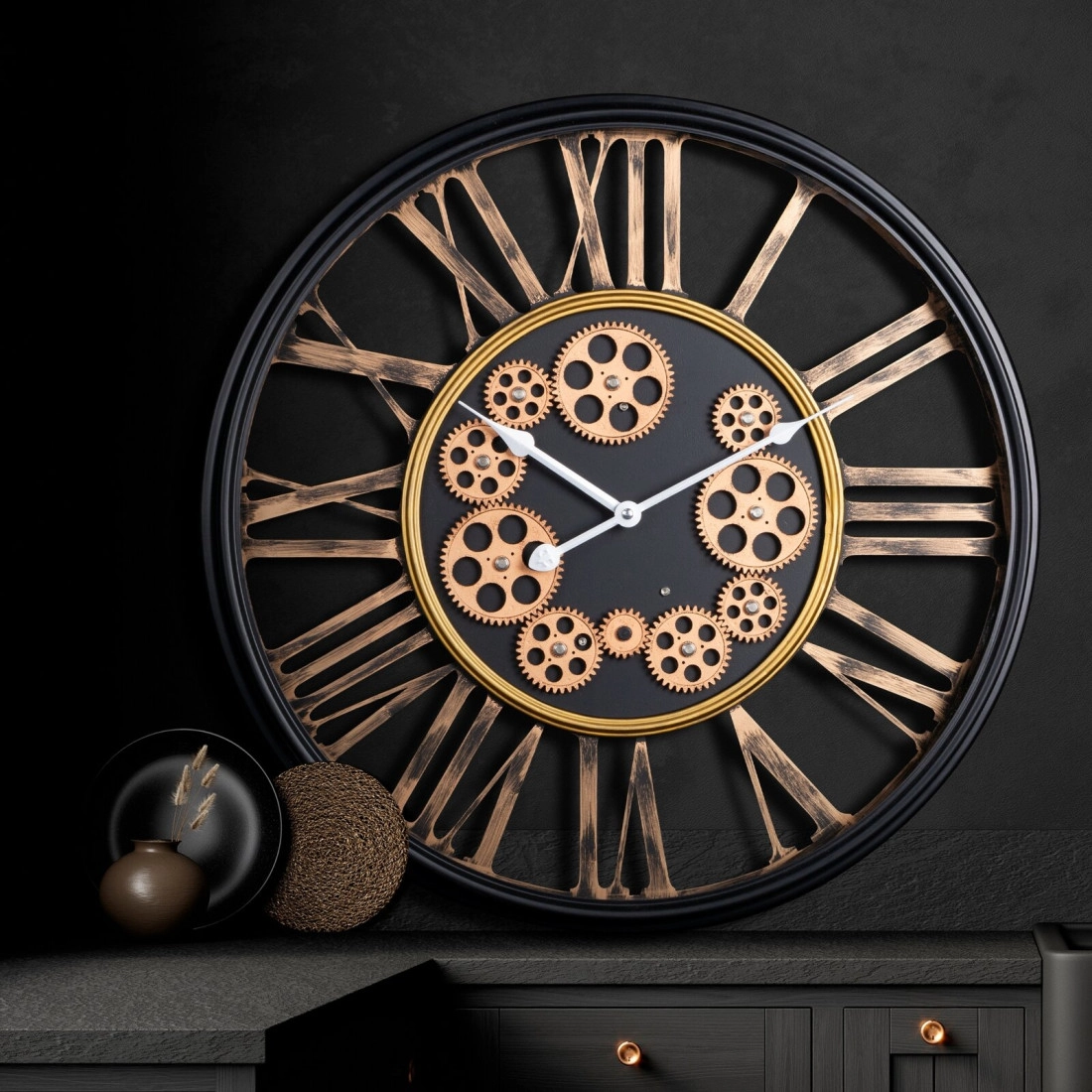 Dekoratívne vintage nástenné hodiny s pohyblivými prevodmi 54 cm