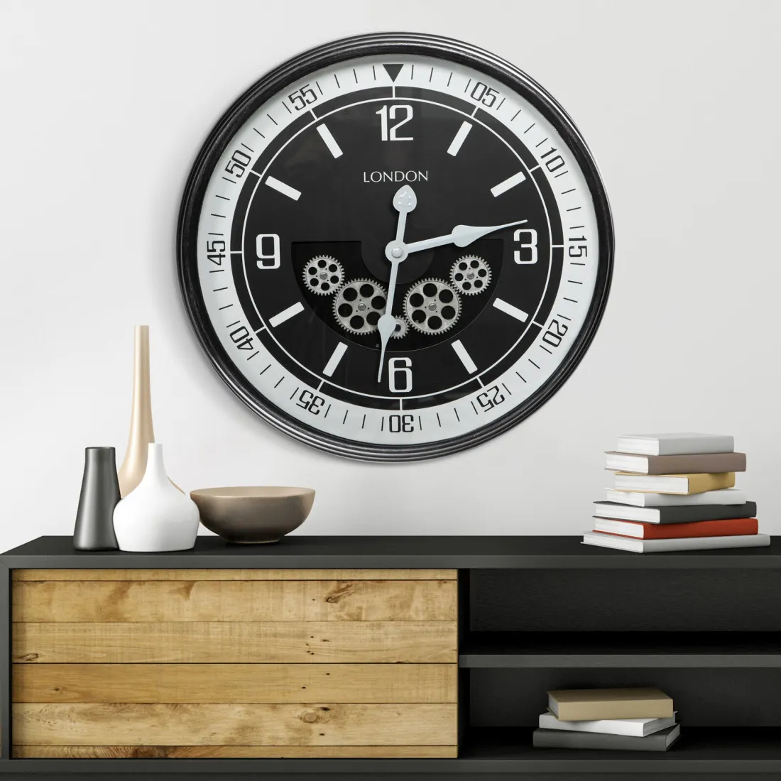 Dekorativní vintage nástěnné hodiny s pohyblivými převody 59 cm