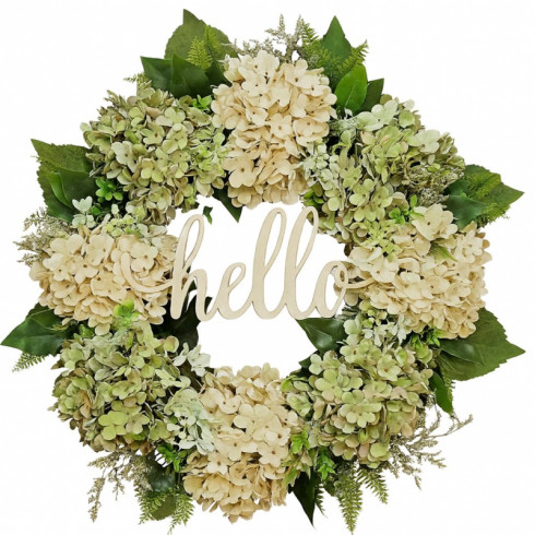 Dekoratívny jesenný veniec na dvere s hortenziami a dyňami