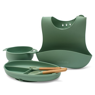 Detská silikónová jedálenská súprava New baby - olivová