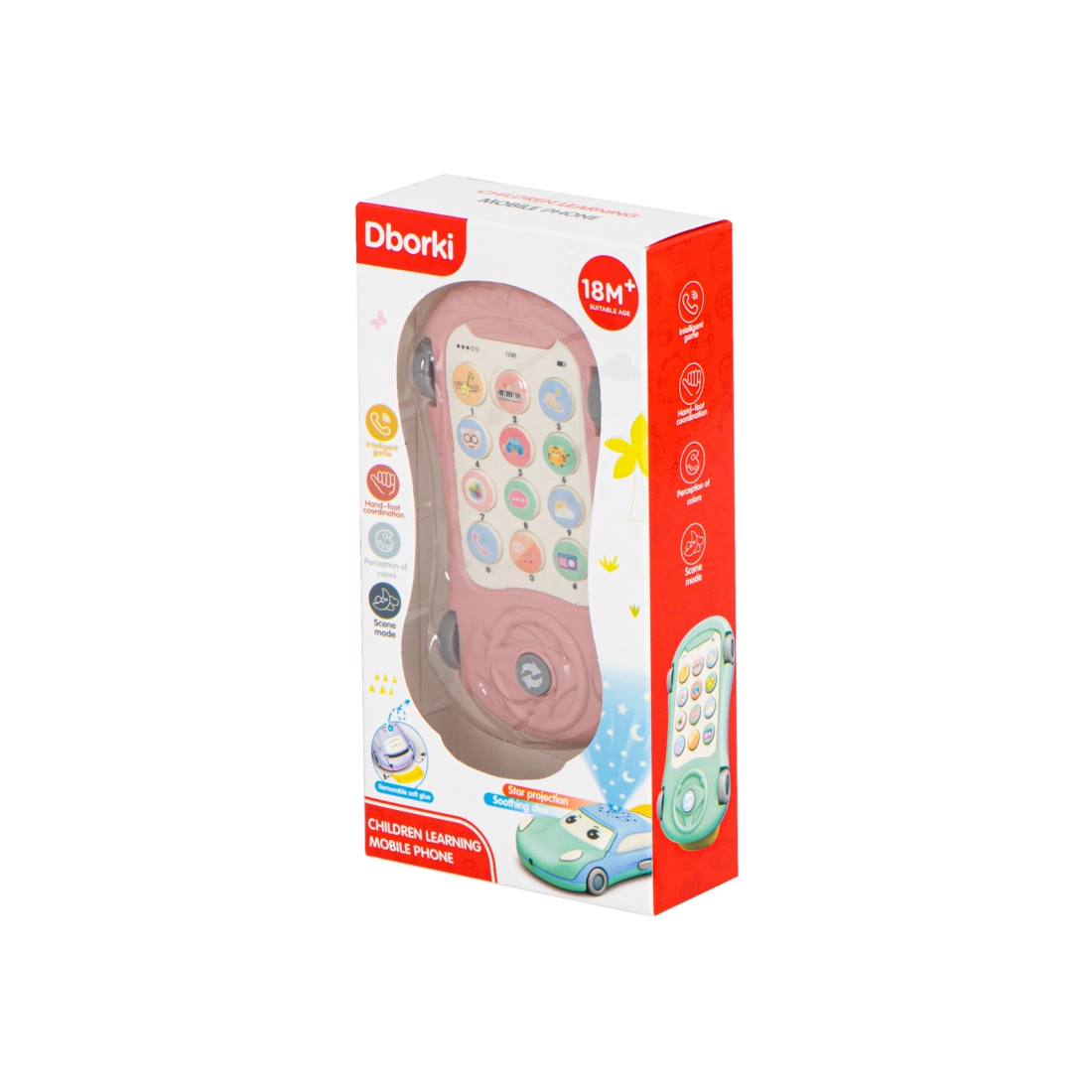 Dětský telefon s projektorem, kousátko 2v1 - autíčko růžové