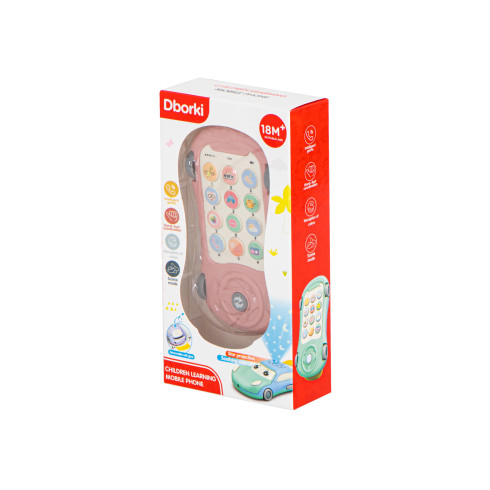 Detský telefón s projektorom, hryzátko 2v1 - autíčko ružové
