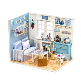 Domček pre bábiky drevený model obývačky LED DIY - modrý