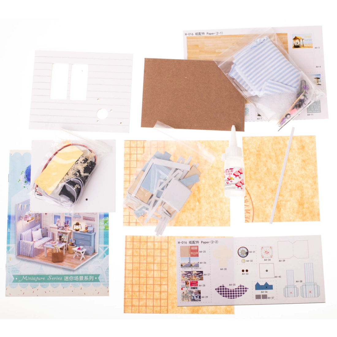 Domeček pro panenky dřevěný model obývacího pokoje LED DIY - modrý