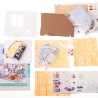 Domček pre bábiky drevený model obývačky LED DIY - modrý