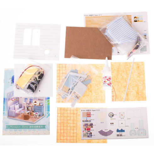 Domeček pro panenky dřevěný model obývacího pokoje LED DIY - modrý