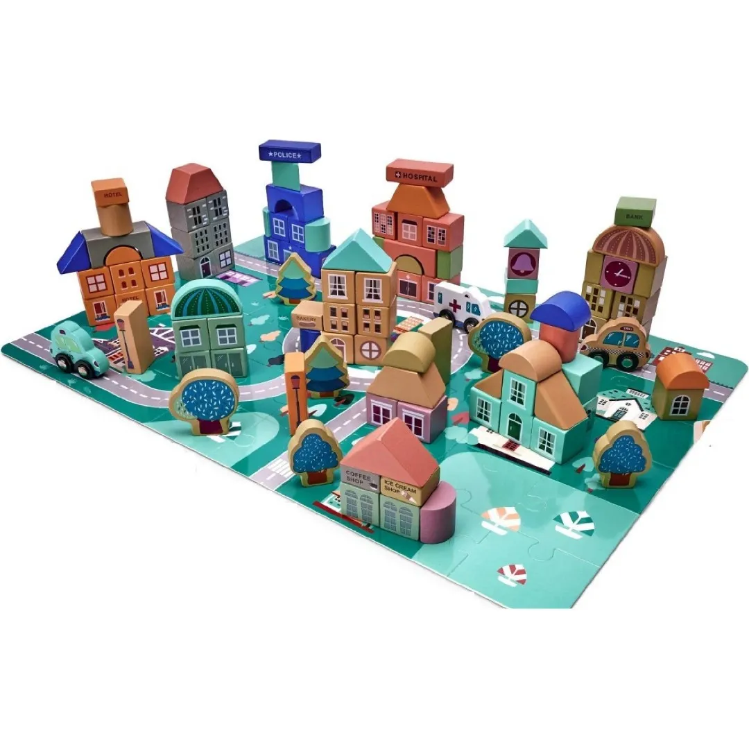 Dřevěné vzdělávací kostky puzzle město - 181 ks