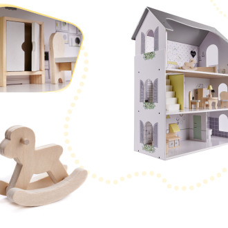 Drevený domček pre bábiky + nábytok 70cm - šedý