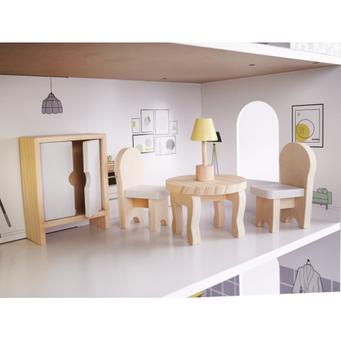 Dřevěný domeček pro panenky + nábytek 70cm - šedý