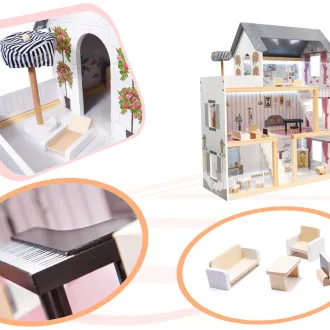 Drevený domček pre bábiky s LED osvetlením + nábytok 78cm