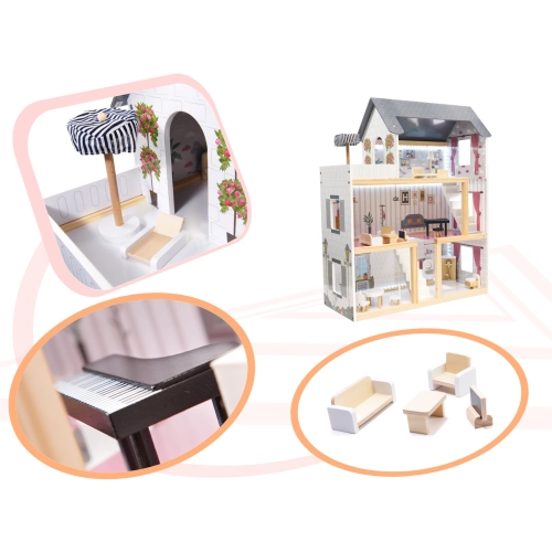 Dřevěný domeček pro panenky s LED osvětlením + nábytek 78cm