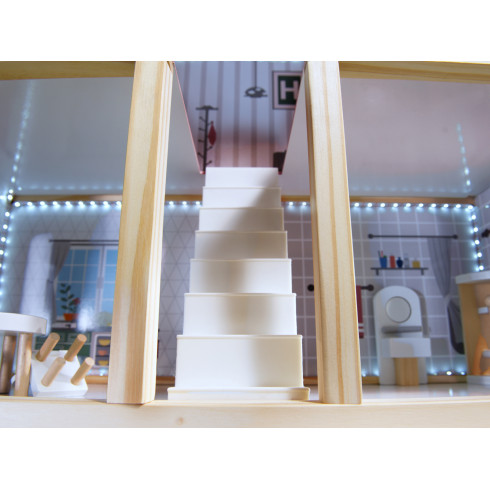 Drevený domček pre bábiky s LED osvetlením + nábytok 78cm