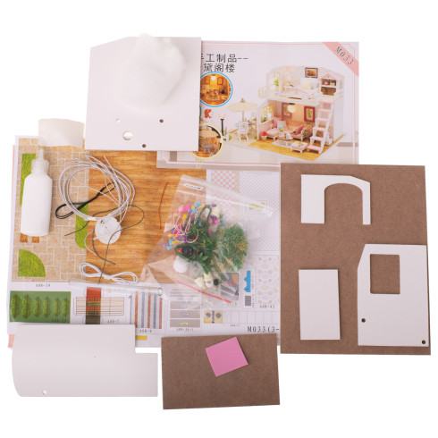 Dřevěný model DIY domečku pro panenky s LED světlem + příslušenství