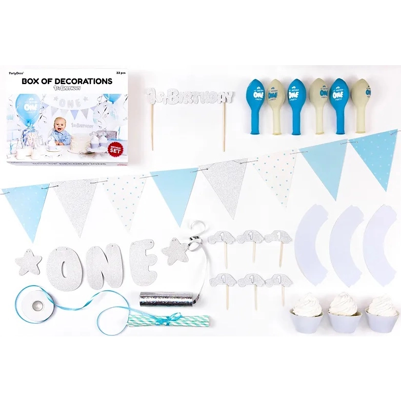 Narodeninové dekorácie k 1. narodeninám set modrá a strieborná