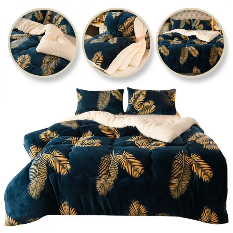Obojstranná plyšová deka/ prehoz na posteľ 180x220 cm - tmavo modrá so zlatými listami