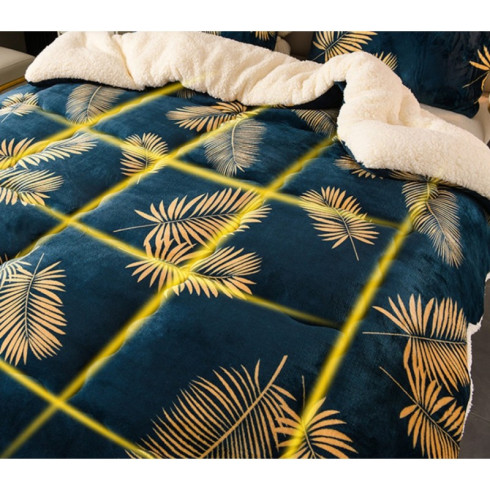 Oboustranná plyšová deka/ přehoz na postel 180x220 cm - tmavě modrá se zlatými listy