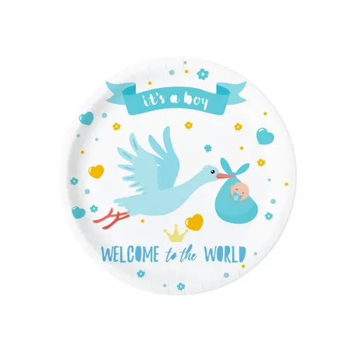 Farfurii din hârtie Baby Shower, barză albastră, 18 cm, 6 buc.