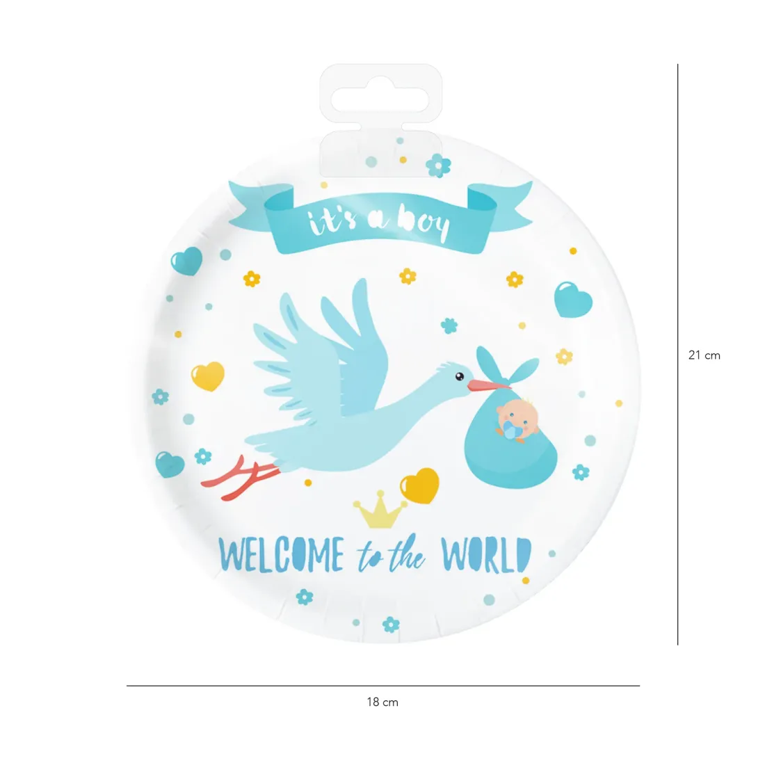 Farfurii din hârtie Baby Shower, barză albastră, 18 cm, 6 buc.